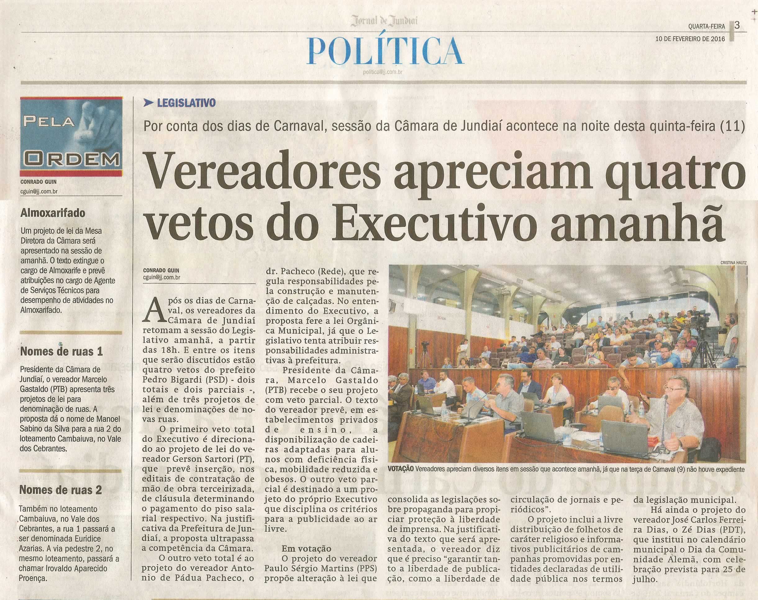 JJ - 10/02/16 - pg 3 - política - Vereadores apreciam quatro vetos do Executivo amanhã - 