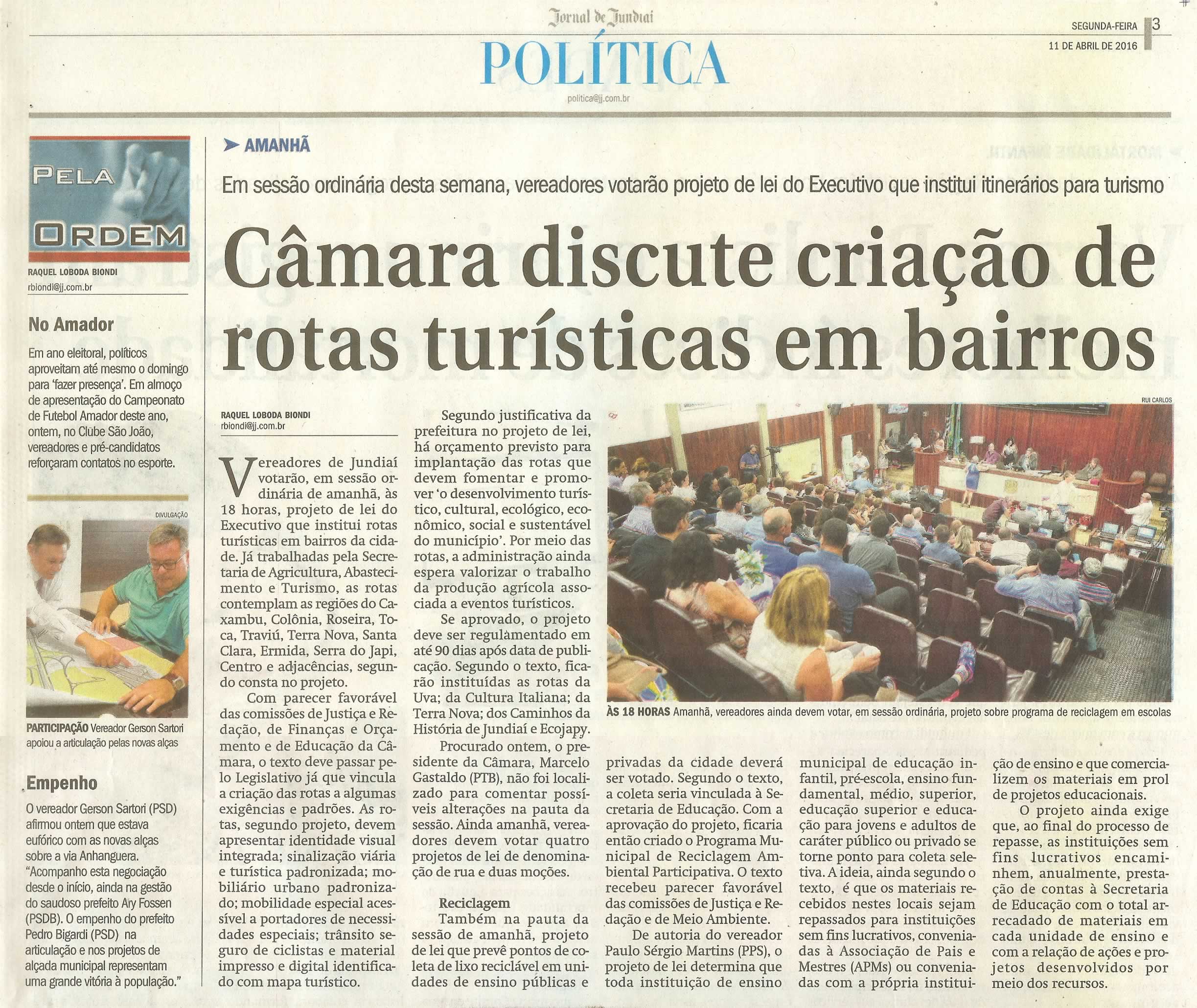 JJ - 11/04/16 - pg 3 - política - Câmara discute criação de rotas turísticas em bairros - 