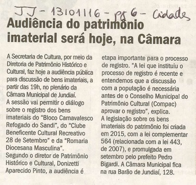  JJ - 13/01/16 - pg 3 - Política - Audiência do patrimônio imaterial será hoje, na Câmara.