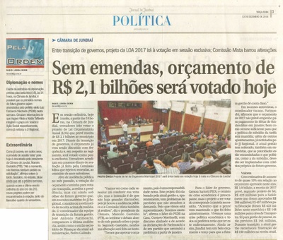 JJ - 13/12/16 - pg 3 - política - Sem emendas, orçamento de R$ 2,1 bilhões será votado hoje -