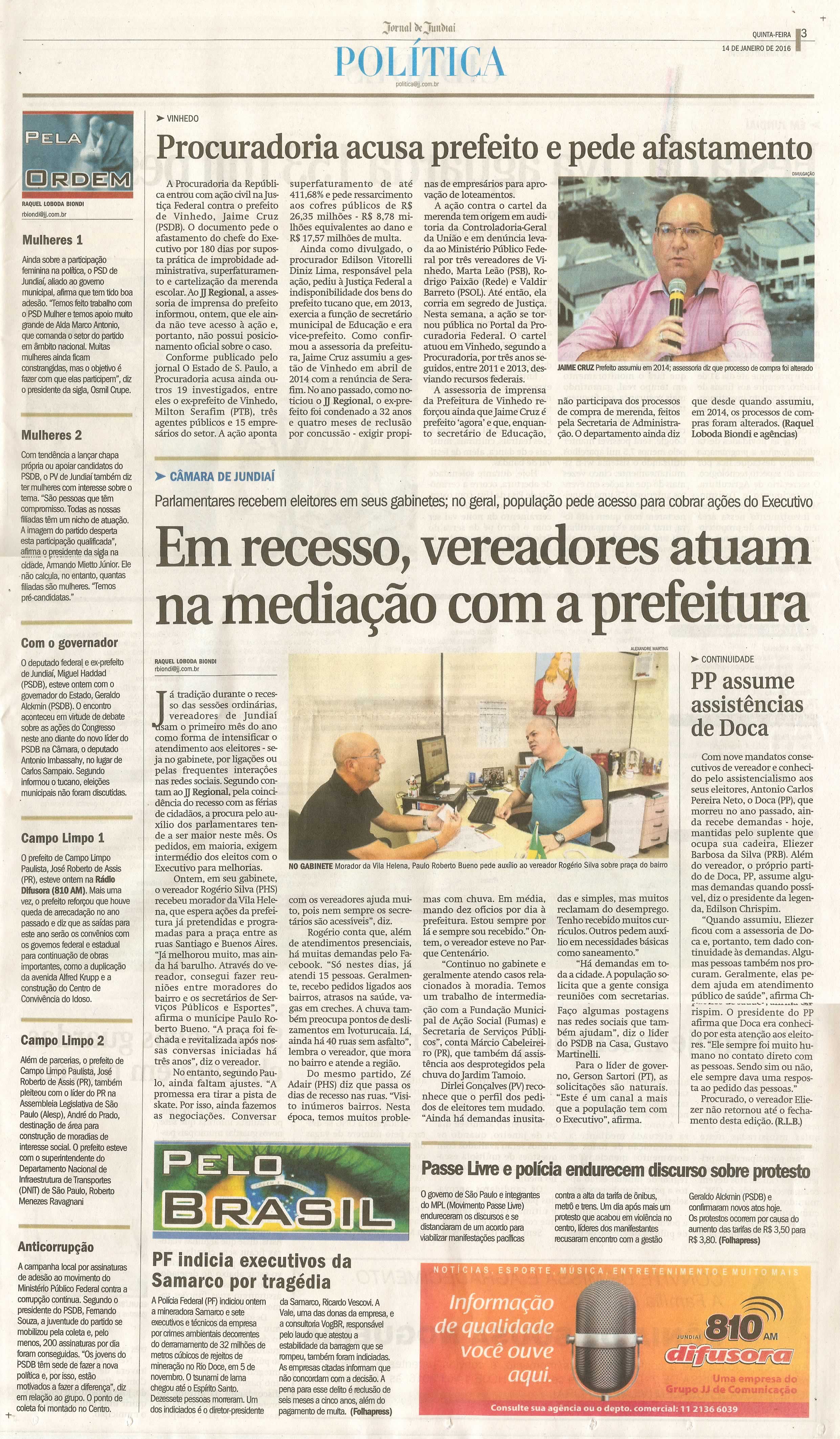  JJ - 14/01/16 - pg 3 - Política - Em recesso, vereadores atuam na mediação com a prefeitura - PP assume assistências de Doca - Pela ordem.