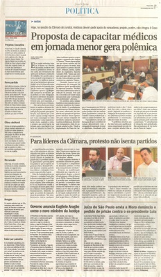 JJ - 15/03/16 - pg 3 - política - Proposta de capacitar médicos em jornada menor gera polêmica - Para líderes da Câmara, protesto não isenta partidos -