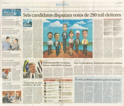 JJ - 16/08/16 - pgs 2 e 3 - política - Seis candidatos disputam votos de 290 mil eleitores - Dos 19 vereadores, 16 buscarão manter cadeiras - No AUJ, prefeitos também querem reeleição - Lei altera formas de propaganda -