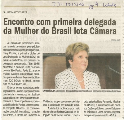 JJ - 17/05/16 - pg 4 - cidades - Encontro com primeira delegada da mulher do Brasil lota Câmara -