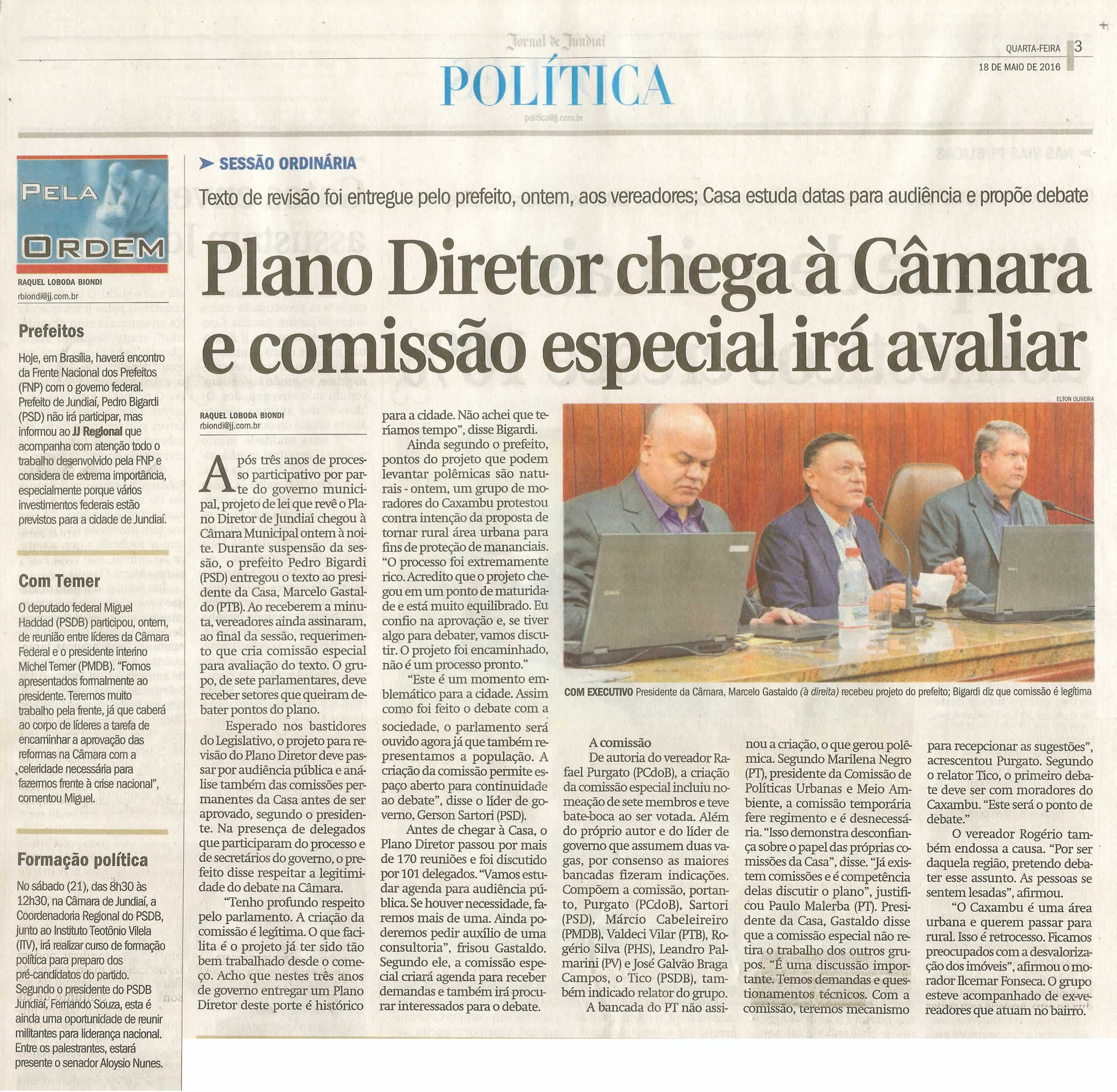 JJ - 18/05/16 - pg 3  - política - Plano Diretor chega à Câmara e comissão especial irá avaliar -