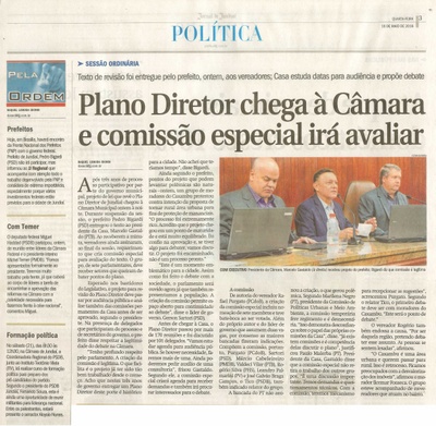 JJ - 18/05/16 - pg 3  - política - Plano Diretor chega à Câmara e comissão especial irá avaliar -