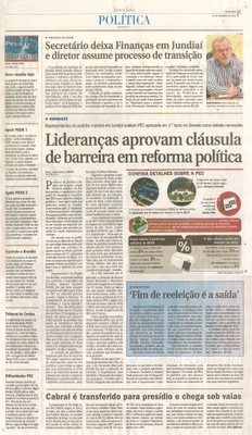 JJ - 18/11/16 - pg 3 - política - Lideranças aprovam cláusula de barreira em reforma política - Secretário deixa Finanças em Jundiaí e diretor assume processo de transição - 