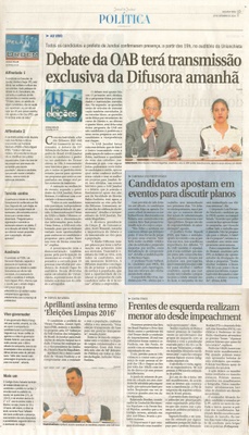 JJ - 19/09/16 - pg 3 - política - Debate da OAB terá transmissão exclusiva da Difusora amanhã - Candidatos apostam em eventos para discutir planos -