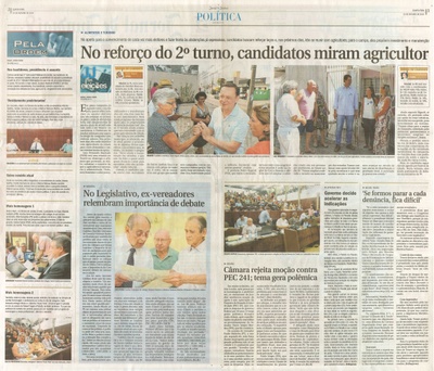 JJ - 19/10/16 - pgs 2 e 3 - política - No legislativo, ex-vereadores relembram importância de debate - Câmara rejeita moção contra PEC 241; tema gera polêmica - No reforço do 2º turno, candidatos miram agricultor -