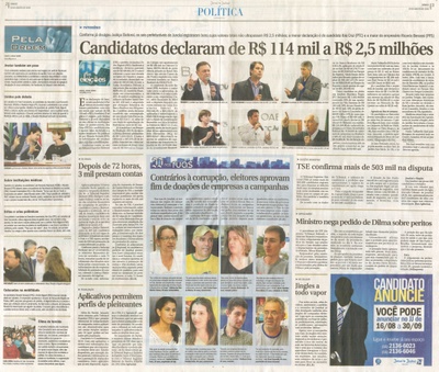 JJ - 20/08/16 - pgs 2 e 3 - política - Candidatos declaram de R$ 114 mil a R$ 2,5 milhões - Contrários à corrupção, eleitores aprovam fim das doações de empresas a campanhas -