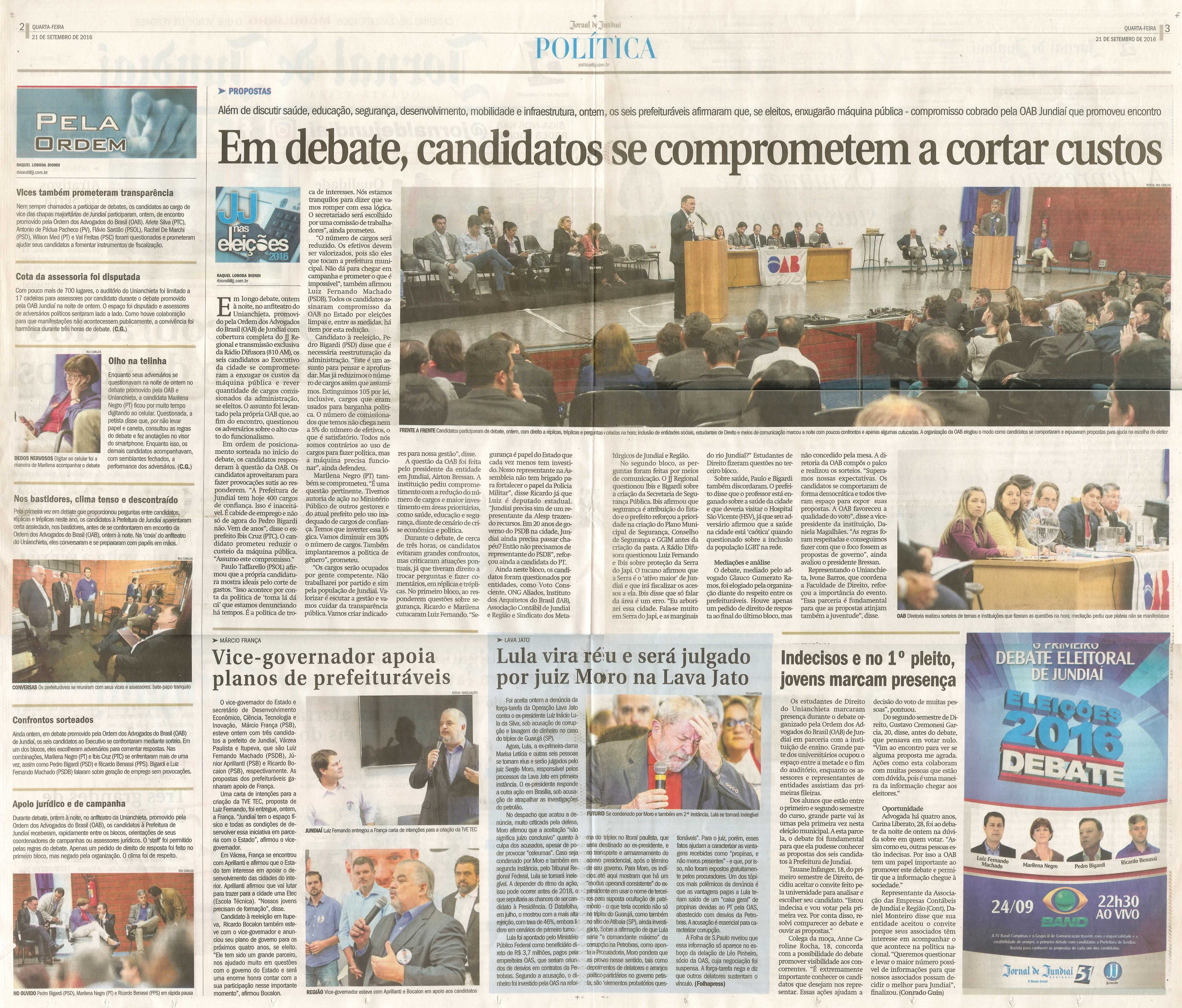 JJ - 21/09/16 - pgs 2 e 3 - política - Em debate, candidatos se comprometem a cortar custos -