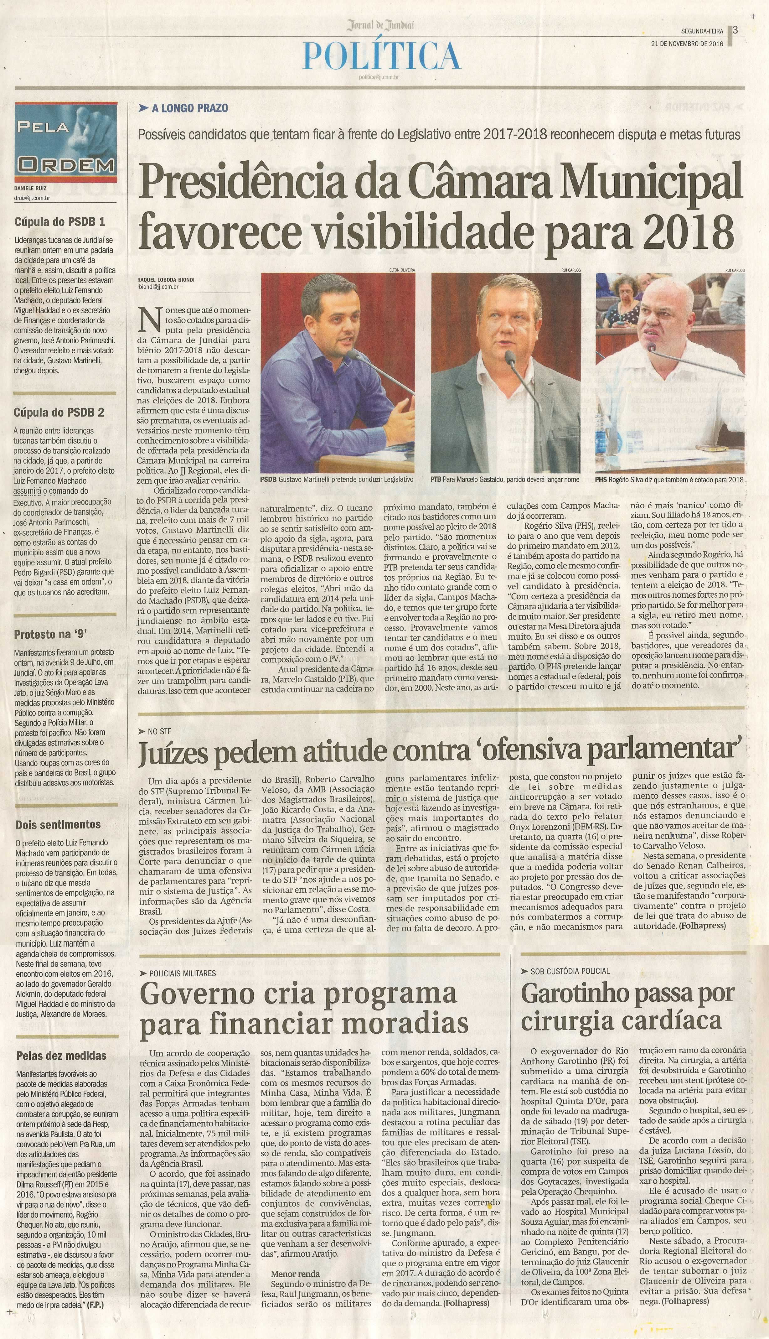 JJ - 21/11/16 - pg 3 - política - Presidência da Câmara Municipal favorece visibilidade para 2018 -