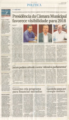 JJ - 21/11/16 - pg 3 - política - Presidência da Câmara Municipal favorece visibilidade para 2018 -