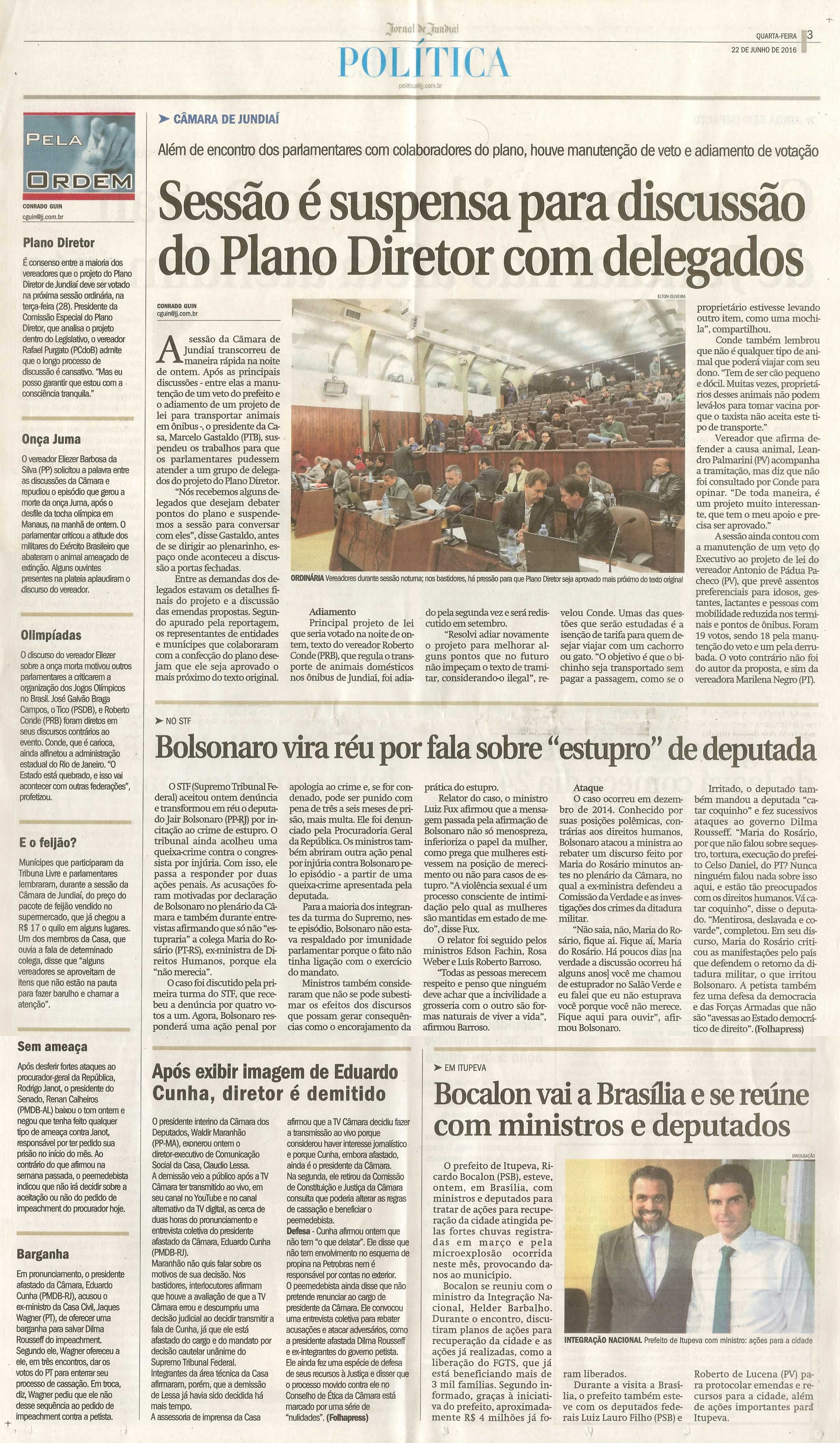JJ - 22/06/16 - pg 3 - política - Sessão é suspensa para discussão do Plano Diretor com delegados -