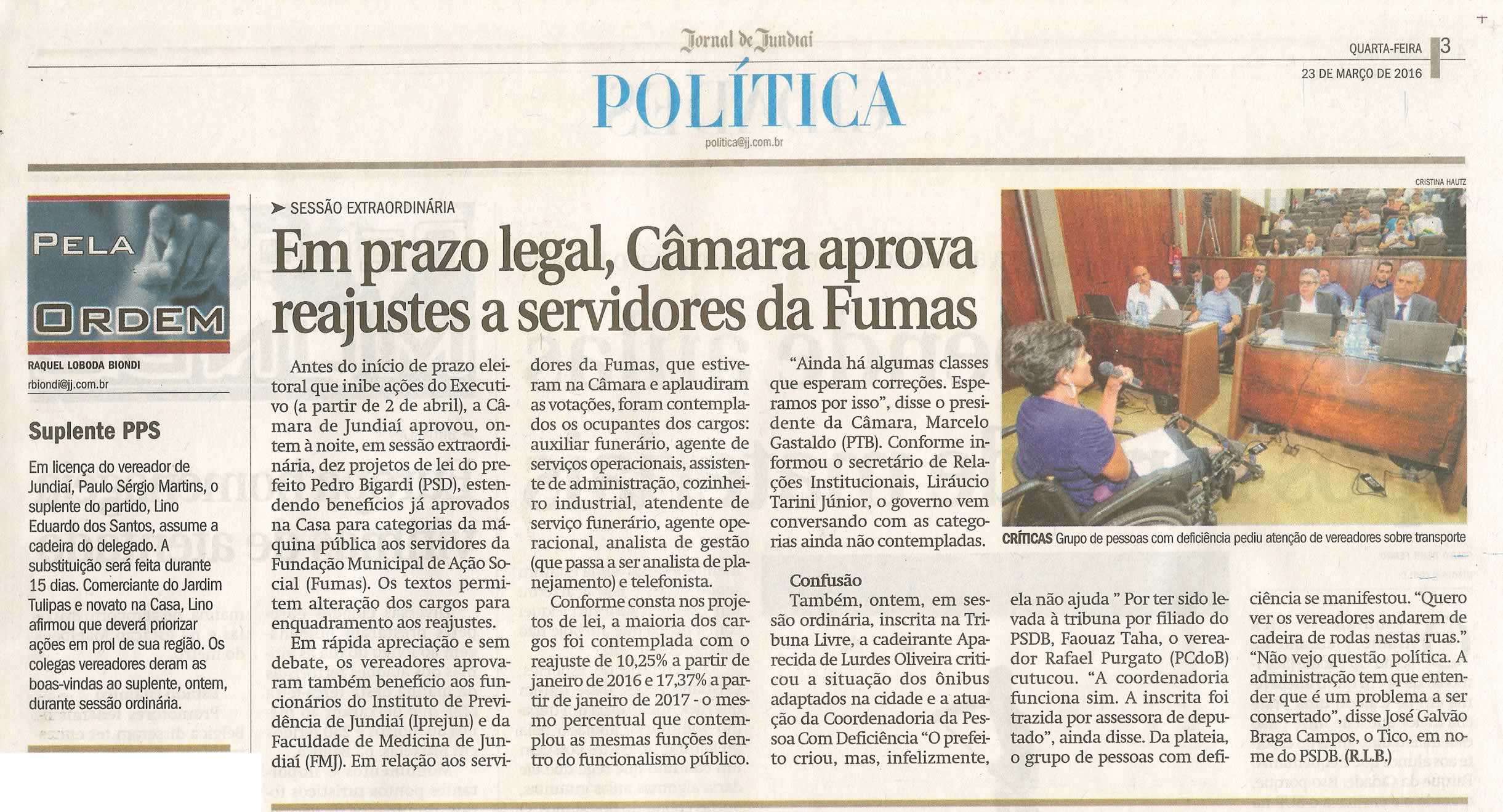 JJ - 23/03/16 - pg 3 - política - Em prazo legal, Câmara aprova reajustes a servidores da Fumas -