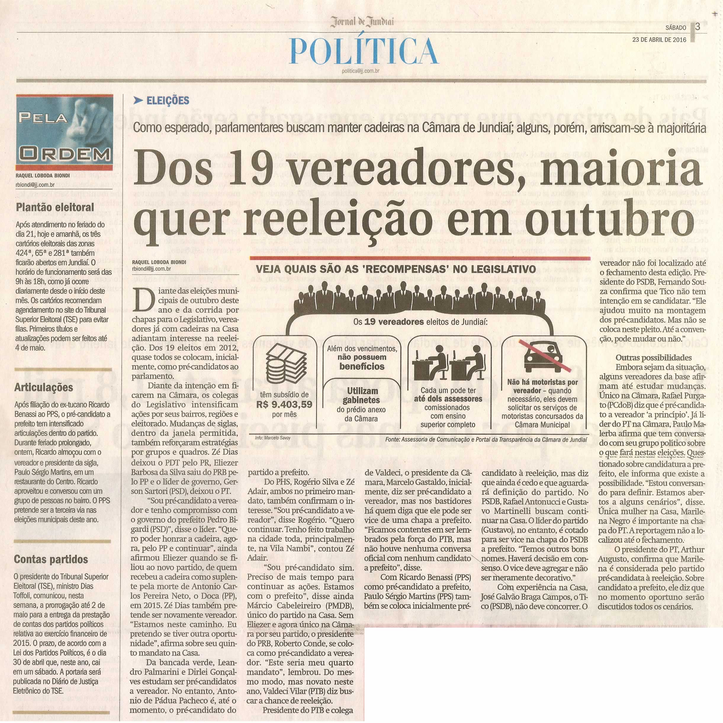 JJ - 23/04/16 - pg 3 - política - Dos 19 vereadores, maioria quer reeleição em outubro - 