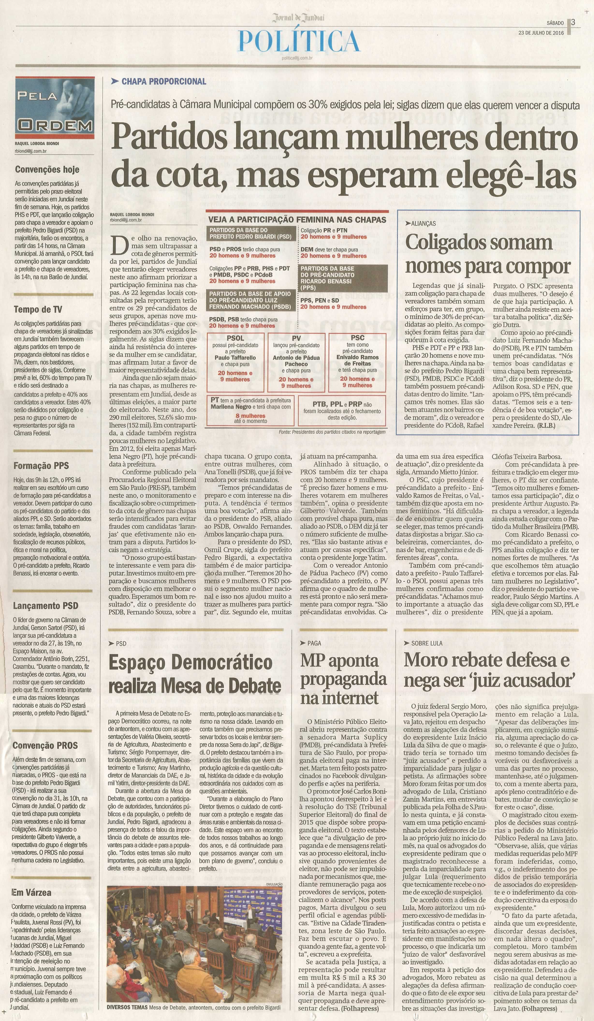 JJ - 23/07/16 - pg 3 - política - Partidos lançam mulheres dentro da cota, mas esperam elegê-las -