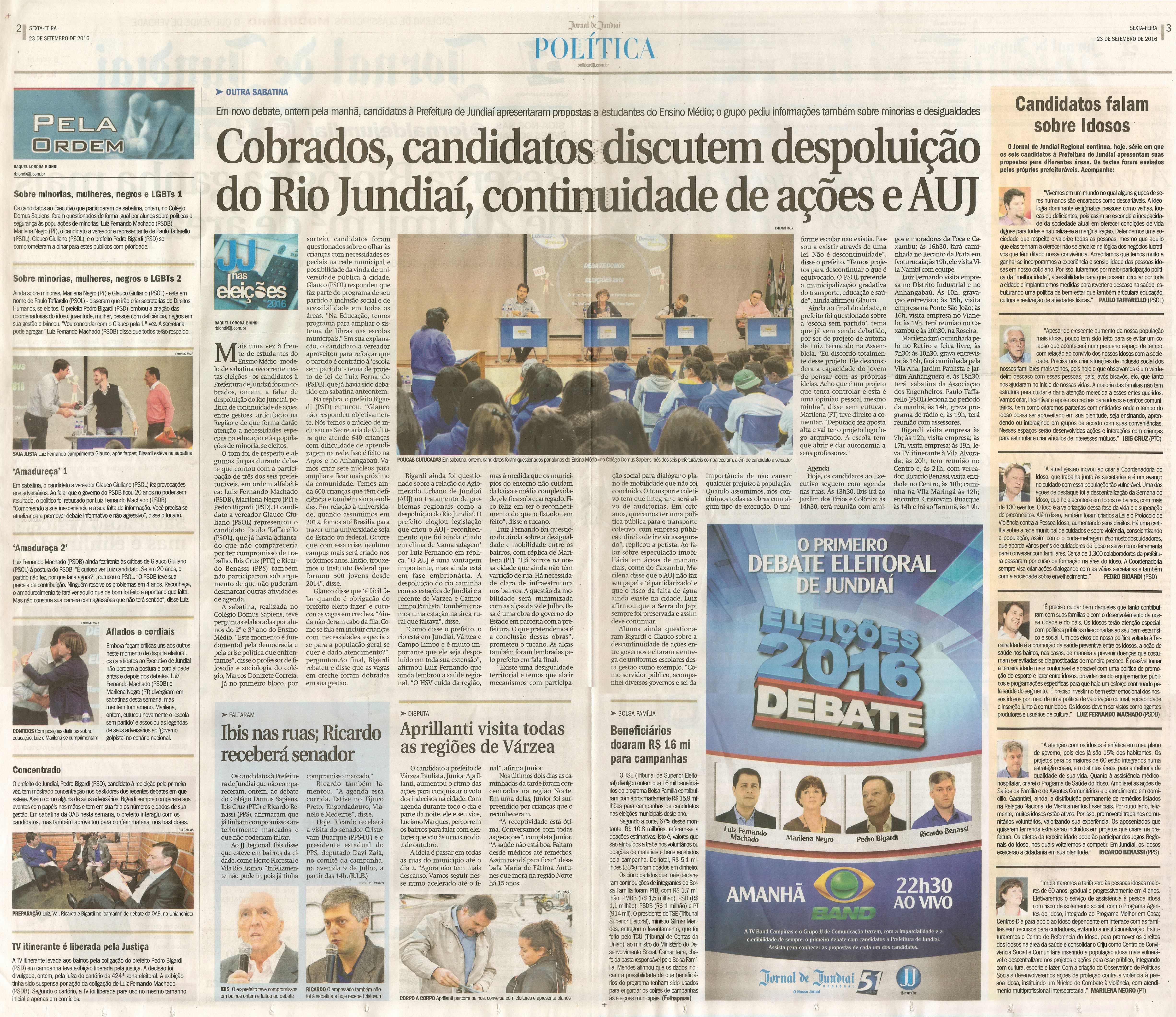 JJ - 23/09/16 - pgs 2 e 3 - política - Cobrados, candidatos discutem despoluição do Rio Jundiaí, continuidade de ações e AUJ