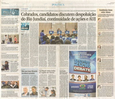 JJ - 23/09/16 - pgs 2 e 3 - política - Cobrados, candidatos discutem despoluição do Rio Jundiaí, continuidade de ações e AUJ