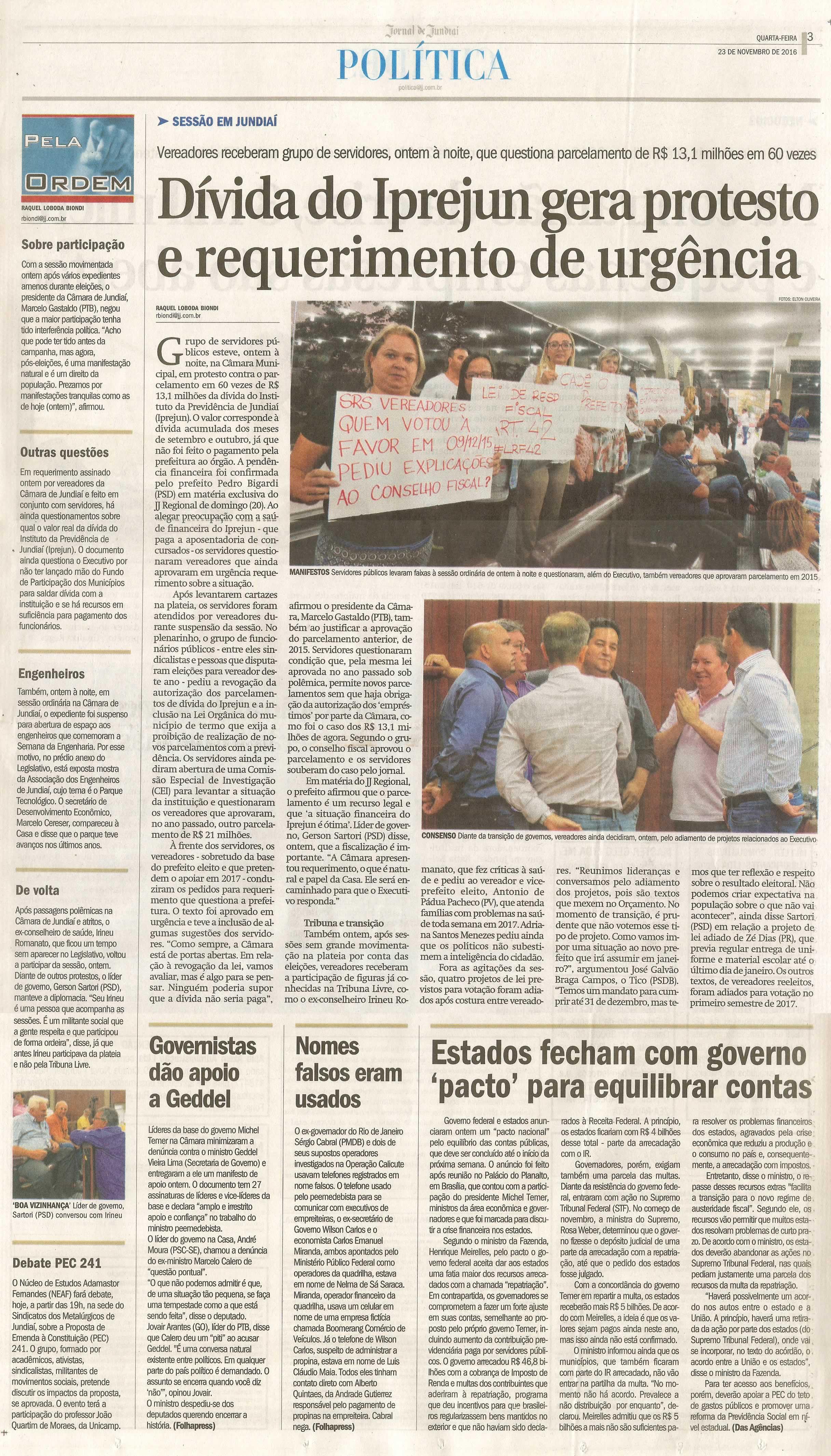 JJ - 23/11/16 - pg 3 - política - Dívida do Iprejun gera protesto e requerimento de urgência -