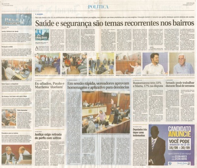 JJ - 24/08/16 - pgs 2 e 3 - política - Em sessão rápida, vereadores aprovam homenagens e aplicativo para denúncias - Candidatos são abordados sobre propostas para saúde e segurança -