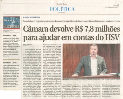 JJ - 24/12/16 - pg 3 - política - Câmara devolve R$ 7,8 milhões para ajudar em contas do HSV -