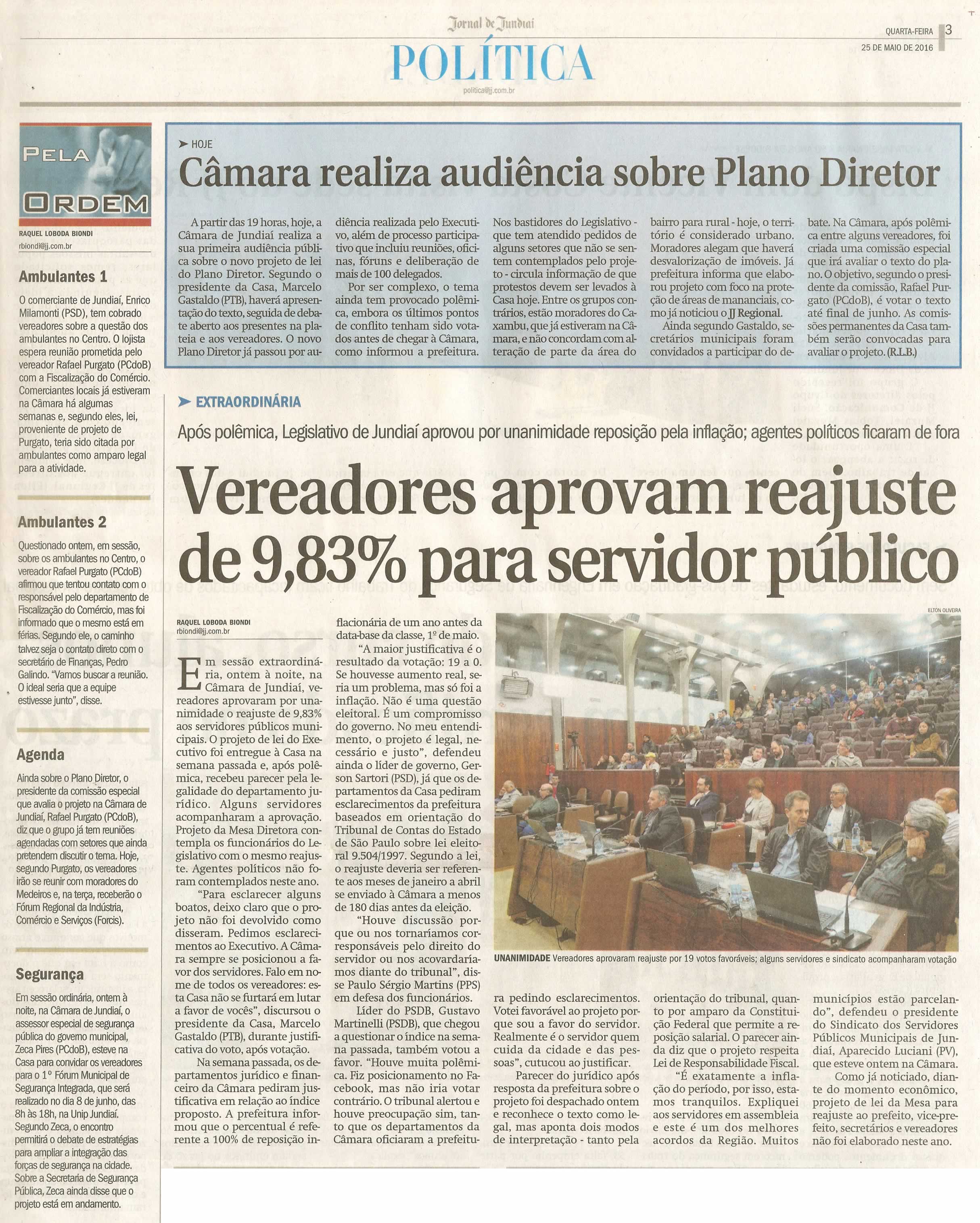 JJ - 25/05/16 - pg 3 - política - Câmara realiza audiência sobre Plano Diretor - Vereadores aprovam reajuste de 9,83% para servidor público - 