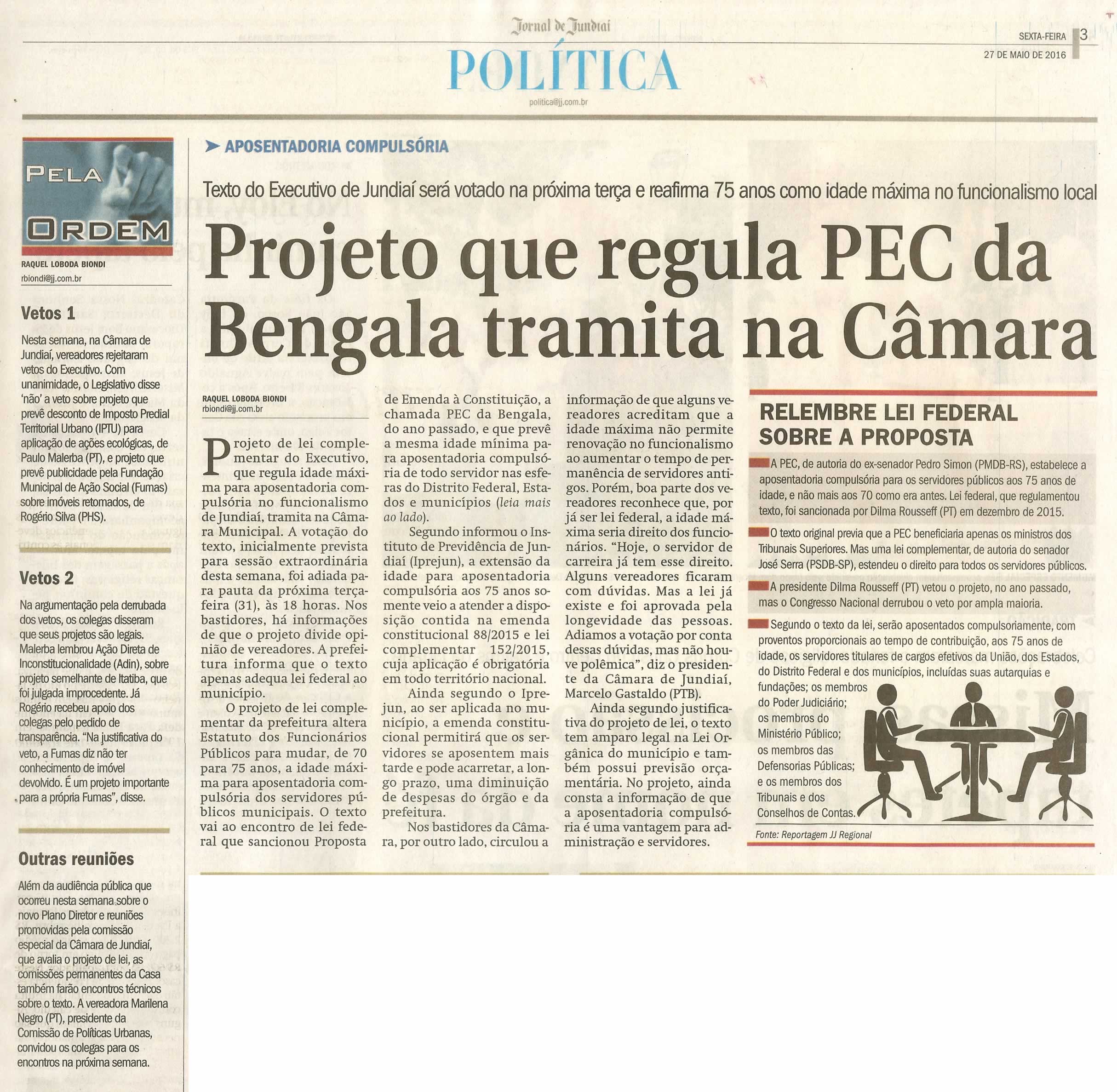 JJ - 27/05/16 - pg 3 - política - Projeto que regula PEC da Bengala tramita na Câmara -