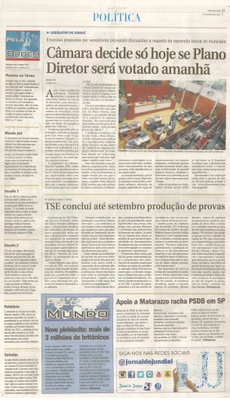 JJ - 27/06/16 - pg 3 - política - Câmara decide só hoje se Plano Diretor será votado amanhã -