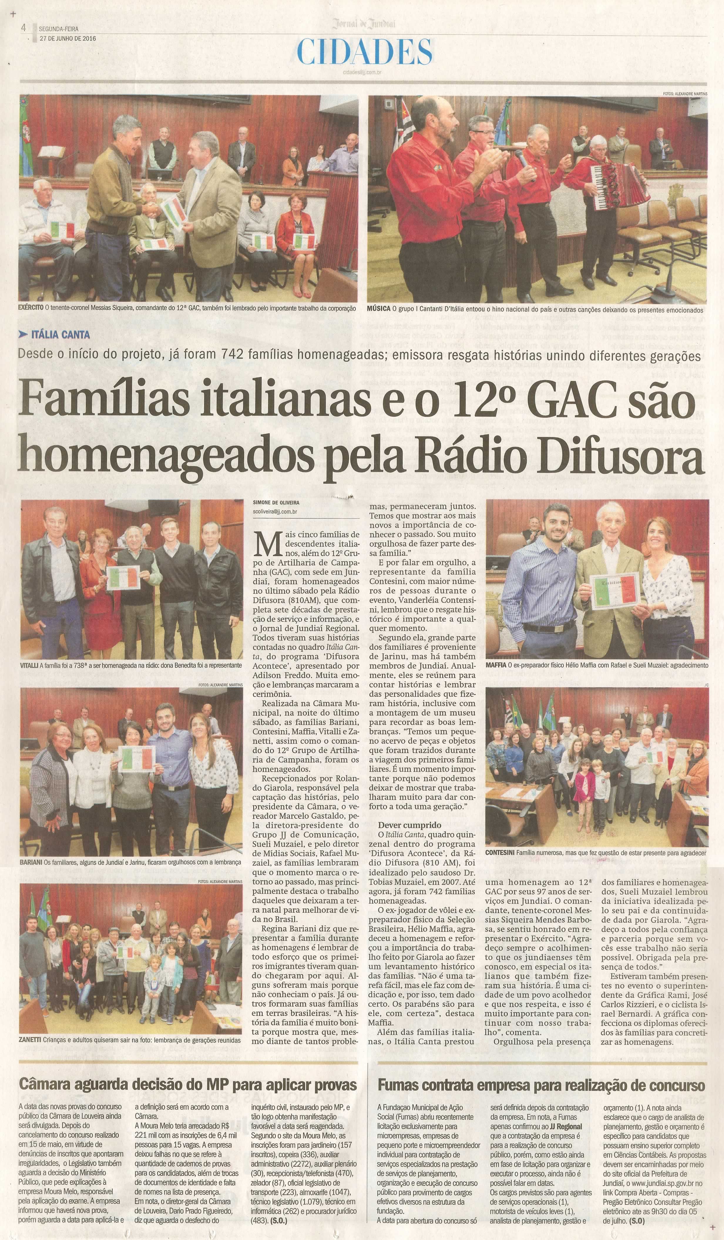 JJ - 27/06/16 - pg 4 - Cidades - Famílias italianas e o 12º GAC são homenageados pela Rádio Difusora -