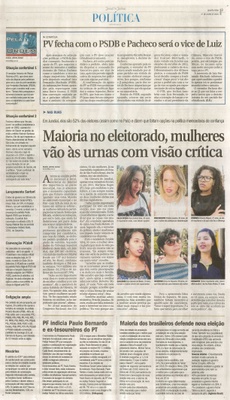 JJ - 27/07/16 - pg 3 - política - PV fecha com o PSDB e Pacheco será o vice de Luiz - Maioria no eleitorado, mulheres vão às urnas com visão crítica -