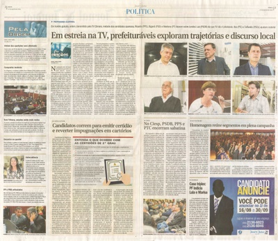 JJ - 27/08/16 - pgs 2 e 3 - política - Em estreia na TV, prefeituráveis exploram trajetórias e discurso local -  Homenagem reúne segmentos em plena campanha -