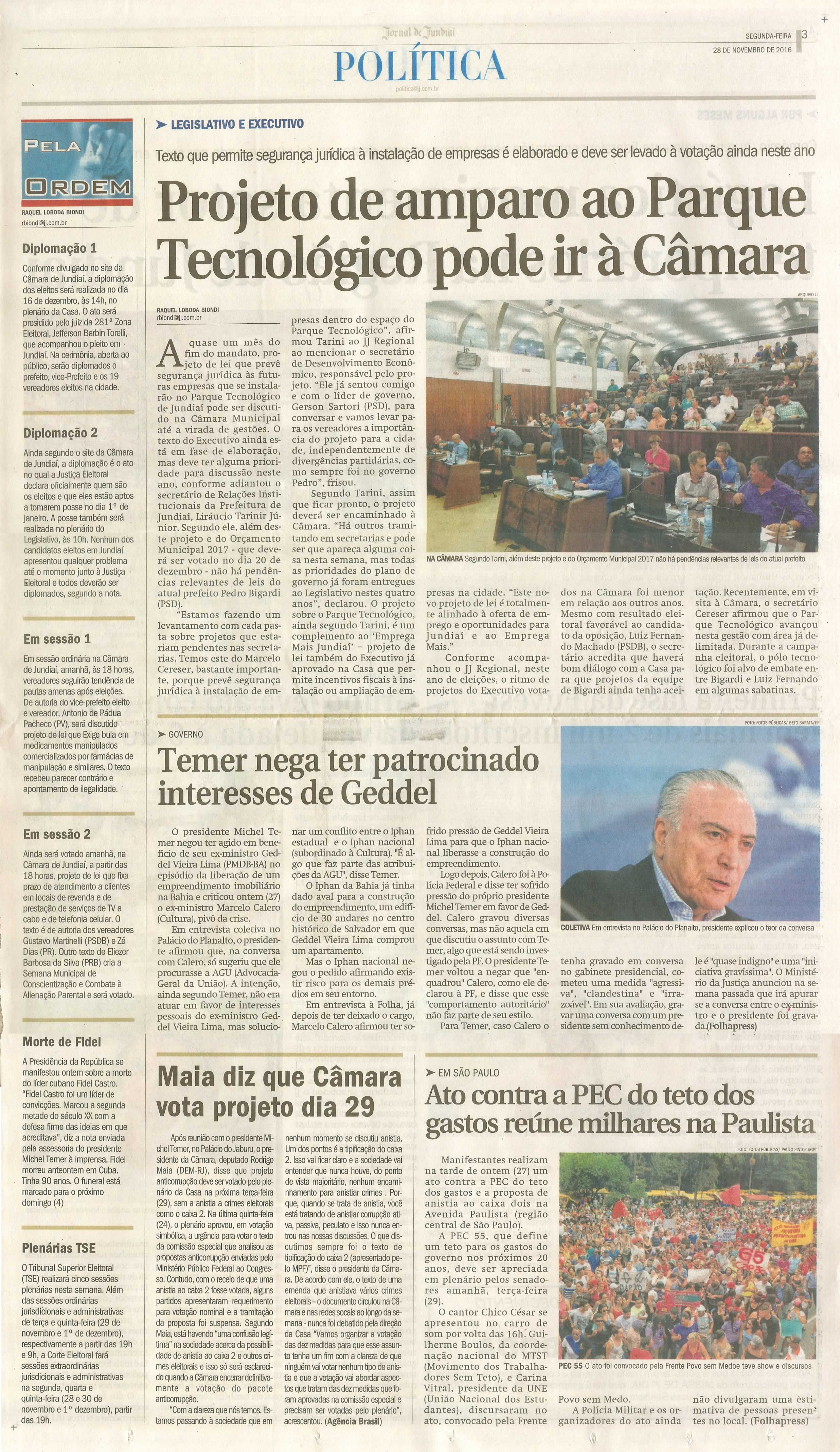 JJ - 28/11/16 - pg 3 - política - Projeto de amparo ao Parque Tecnológico pode ir à Câmara -