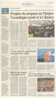 JJ - 28/11/16 - pg 3 - política - Projeto de amparo ao Parque Tecnológico pode ir à Câmara -