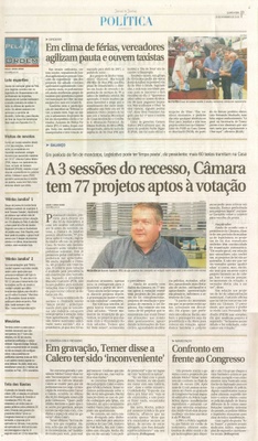 JJ - 30/11/16 - pg 3 - política - Em clima de férias, vereadores agilizam pauta e ouvem taxistas - A 3 sessões do recesso,  Câmara tem 77 projetos aptos à votação -