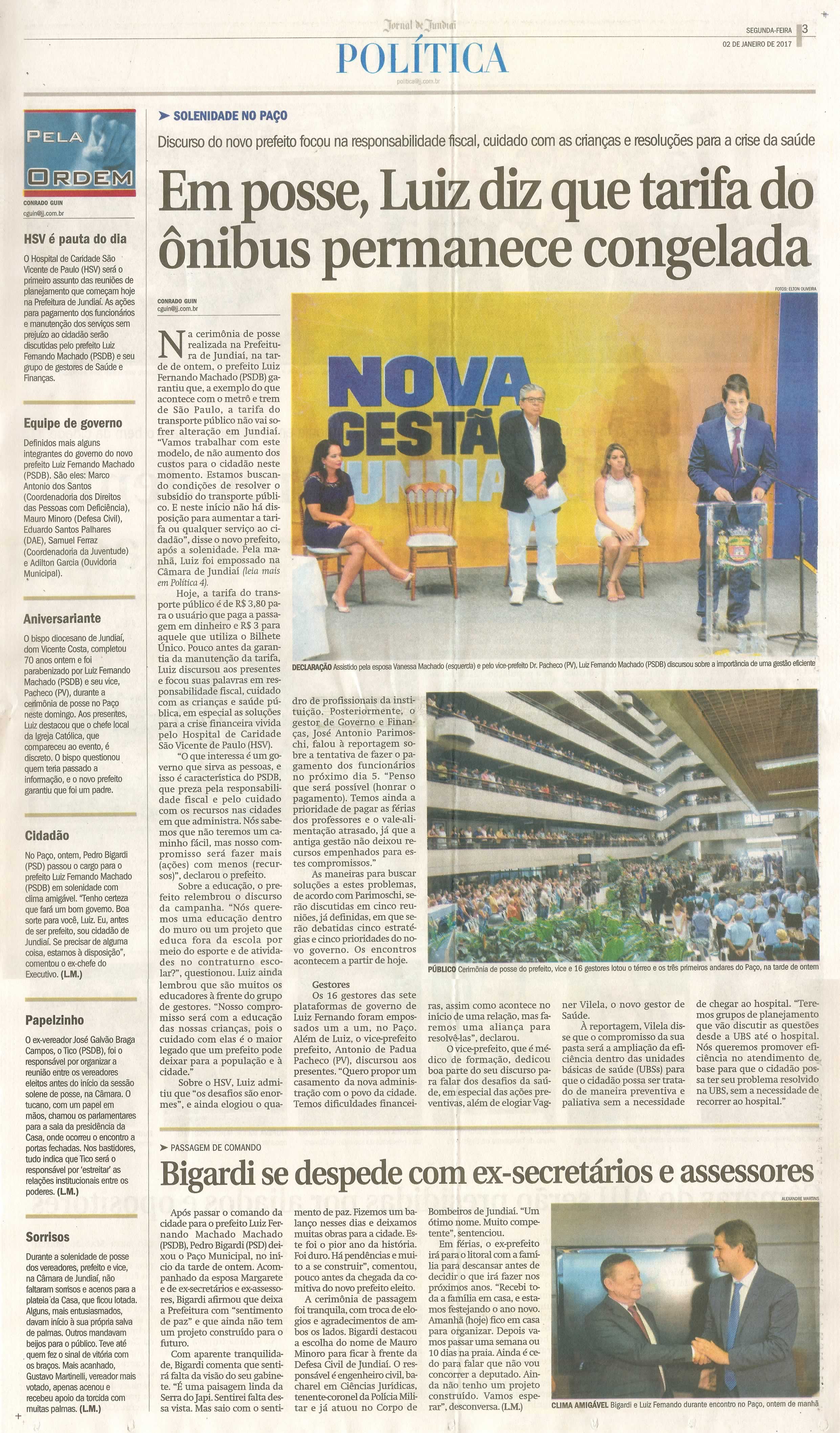 JJ - 02/01/17 - pg 3 - política - Em posse, Luiz diz que tarifa do ônibus permanece congelada -