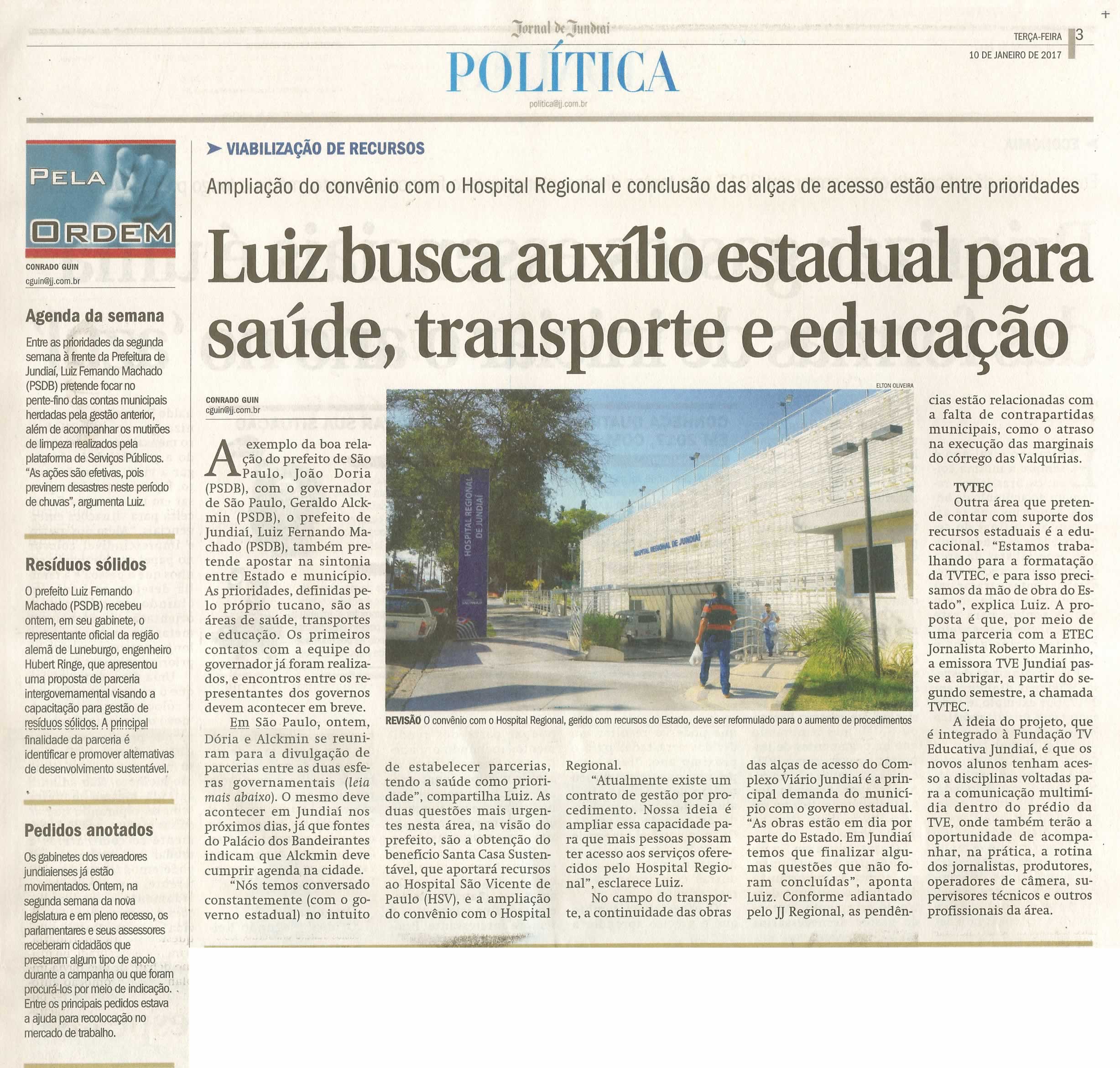 JJ - 10/01/17 - pg 3 - política - Luiz busca auxílio estadual para saúde, transporte e educação -