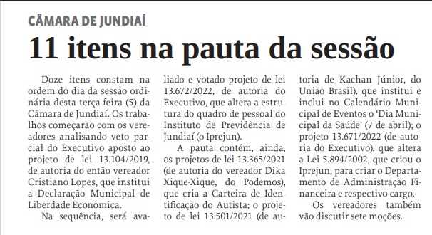 11 itens na pauta da sessão
