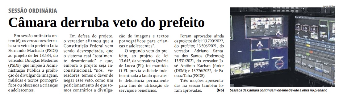 Câmara derruba veto do prefeito