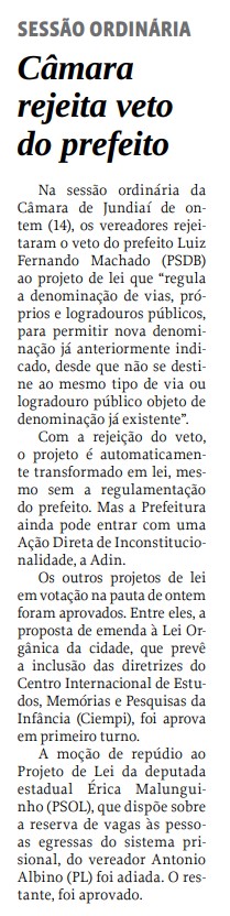 Câmara rejeita veto do prefeito