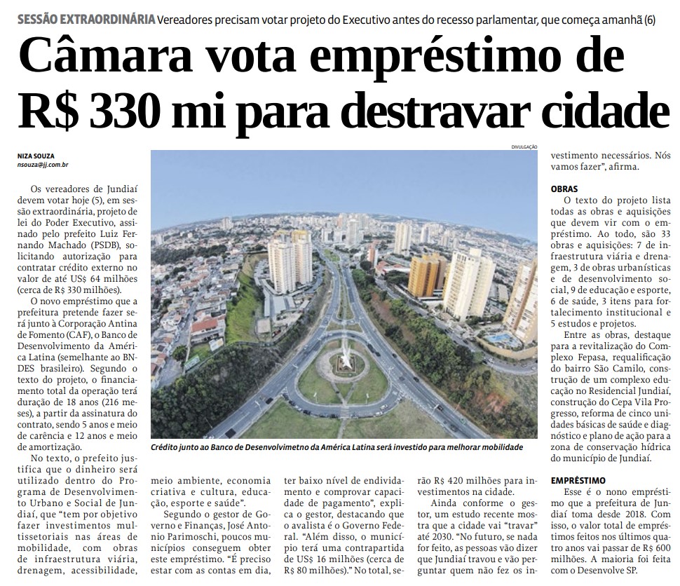 Câmara vota empréstimo de R$ 330 mi para destravar cidade