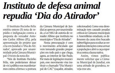 Instituto de defesa animal repudia 'Dia do Atirador'