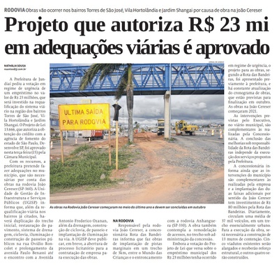 Projeto que autoriza R$ 23 mi em adequações viárias é aprovado