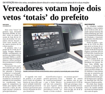 Vereadores votam hoje dois vetos ‘totais’ do prefeito