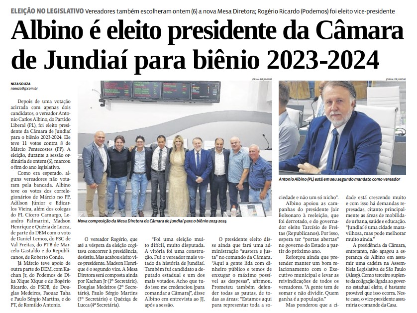 Albino é eleito presidente da Câmara de Jundiaí para biênio 2023-2024
