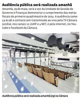 Audiência pública será realizada amanhã