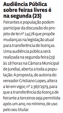Audiência Pública sobre feiras livres é na segunda (23)
