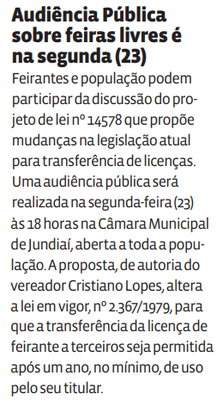Audiência Pública sobre feiras livres é na segunda (23)