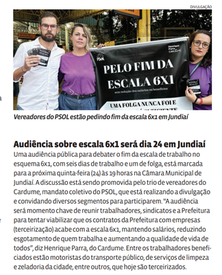 Audiência sobre escala 6x1 será dia 24 em Jundiaí
