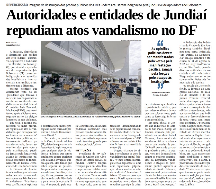Autoridades e entidades de Jundiaí repudiam atos vandalismo no DF